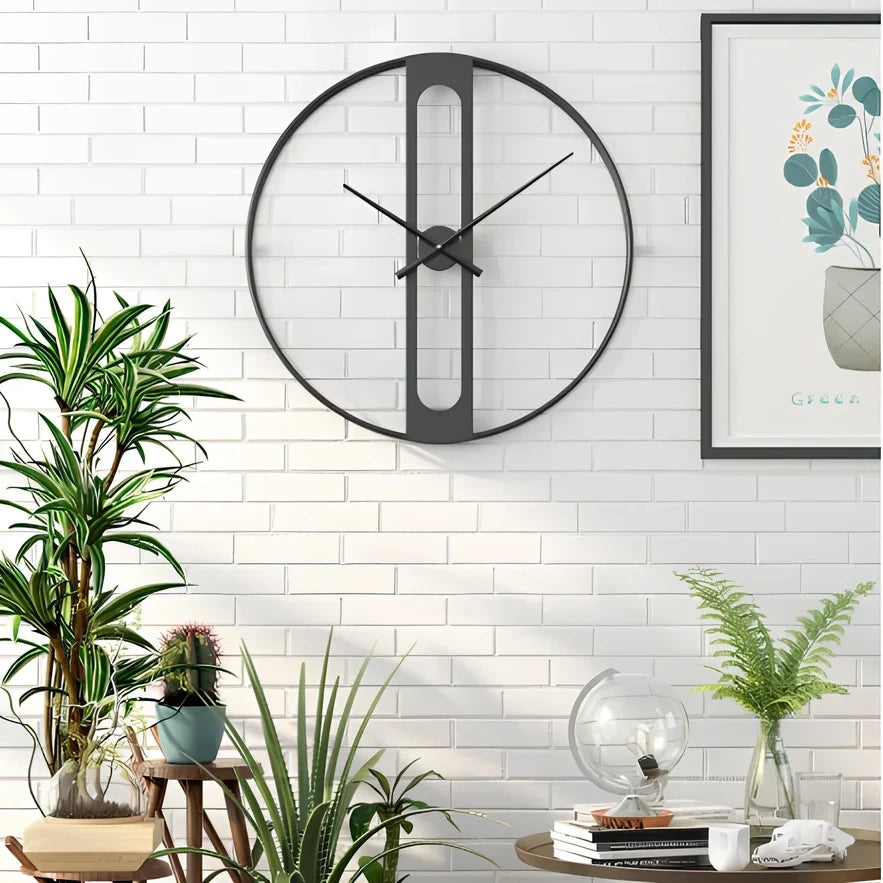 50cm round metal wall clock with black finish showing clear numbering and quartz movement