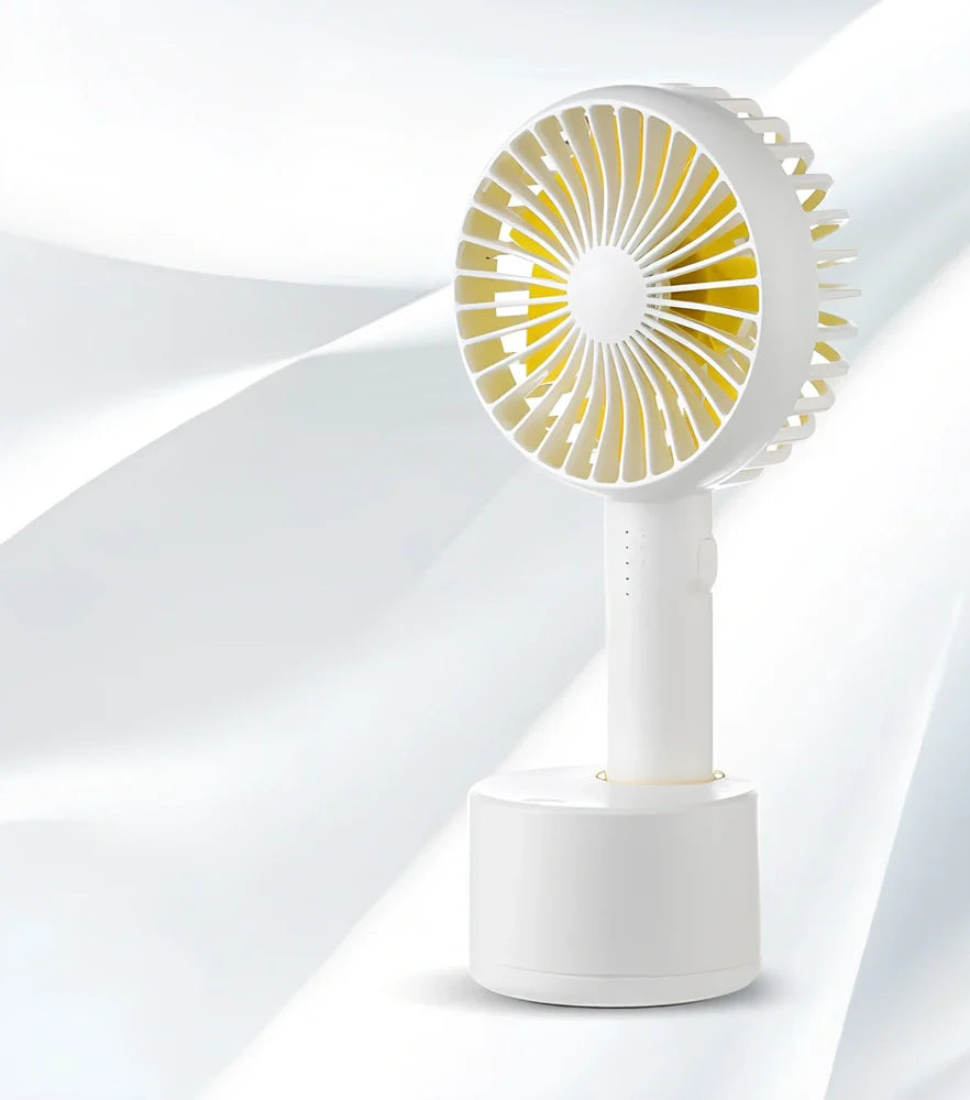 Blue shaking head handheld fan showing oscillating mechanism and USB charging port