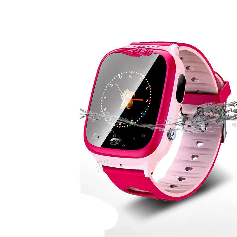 Blue children's smartwatch with GPS positioning, HD touch screen, and silicone wristband