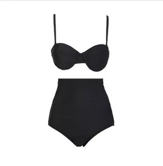 Black retro high waist bikini swimsuit with solid color design