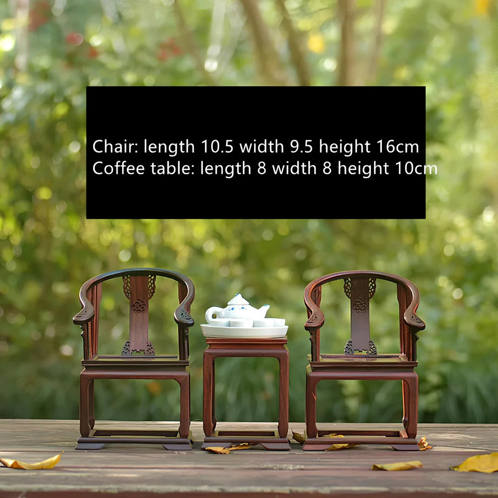 Red rosewood miniature Chinese furniture model with traditional carved details and mahogany construction