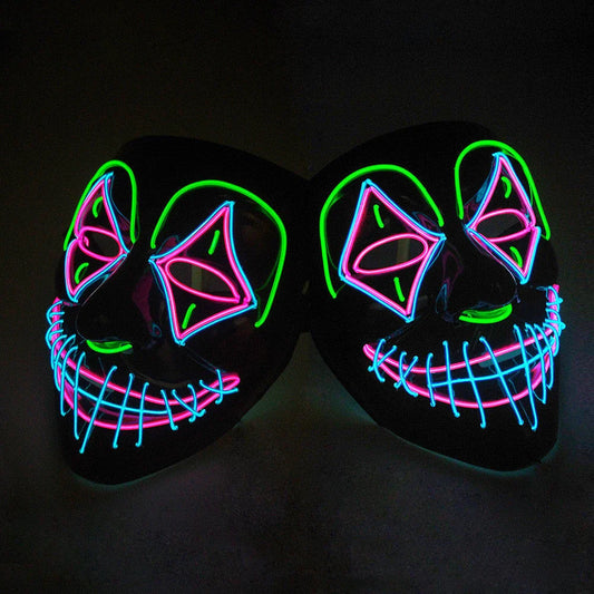 Glow-in-the-dark LED Halloween mask with adjustable straps and bright, mesmerizing illumination