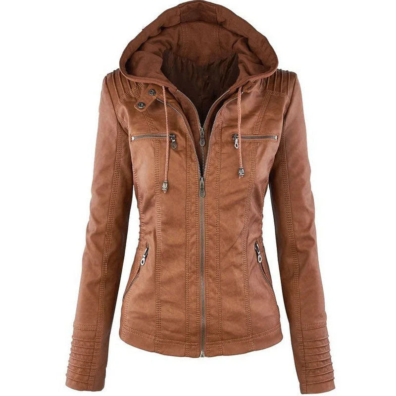 A fashionable hooded leather jacket with pockets, available in various colors and sizes for women's casual outerwear.