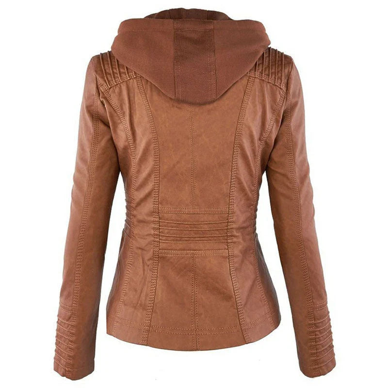 A fashionable hooded leather jacket with pockets, available in various colors and sizes for women's casual outerwear.