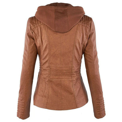 A fashionable hooded leather jacket with pockets, available in various colors and sizes for women's casual outerwear.