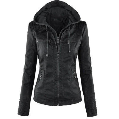 A fashionable hooded leather jacket with pockets, available in various colors and sizes for women's casual outerwear.