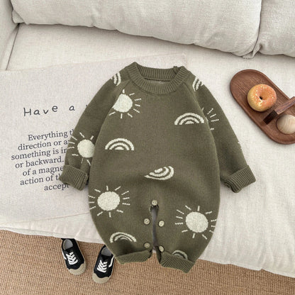 Korean style spring jumpsuit for children in beige or green with long sleeves and five height options from 66cm to 100cm