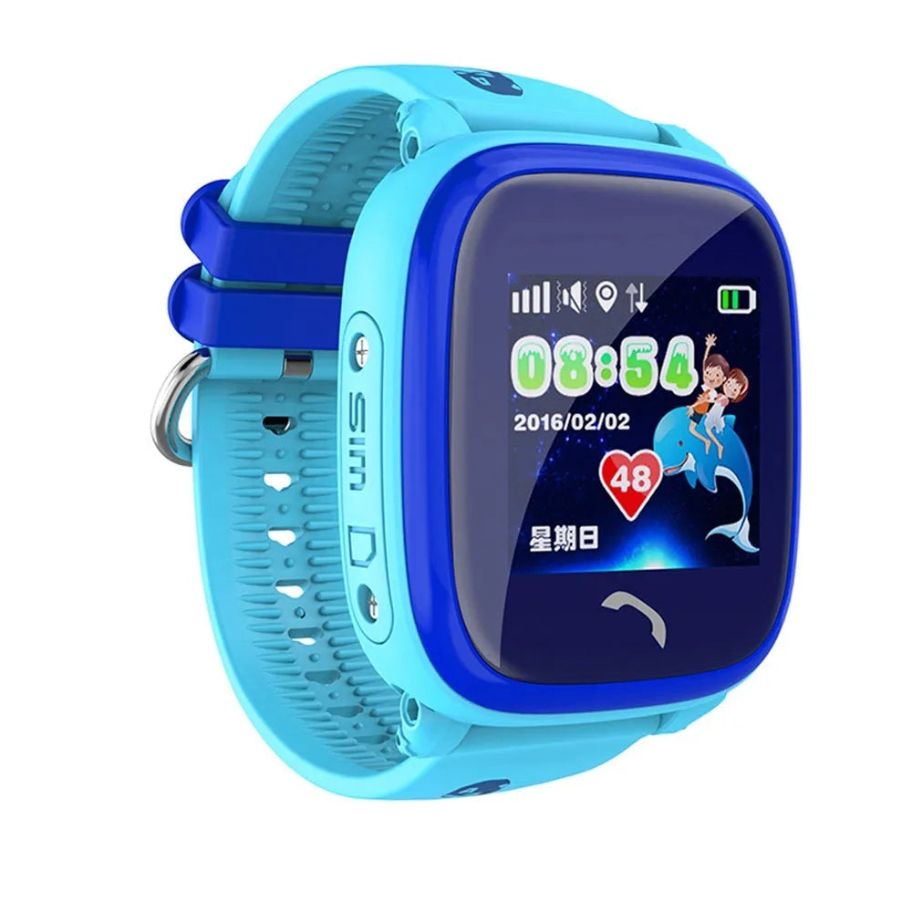 DF25 blue children's waterproof smart watch with touch screen displayed on a silicone wristband.
