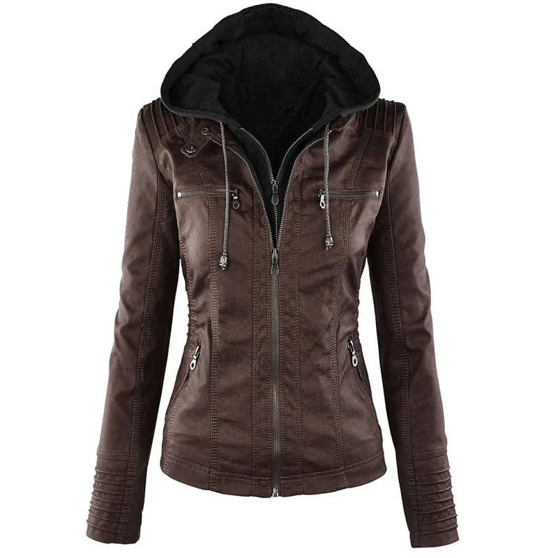 A fashionable hooded leather jacket with pockets, available in various colors and sizes for women's casual outerwear.