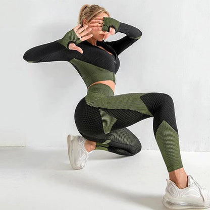 Sleek, seamless athleisure set in a variety of vibrant colors, designed for comfort and style during workouts and everyday wear.