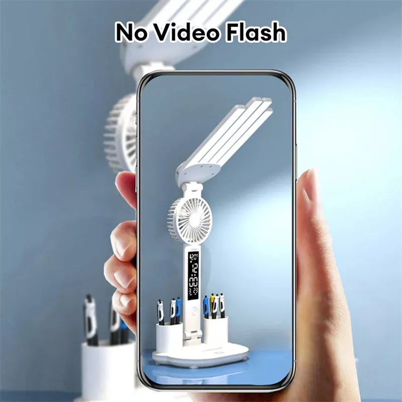 3-in-1 Multifunction LED Desk Lamp with fan, calendar clock, and adjustable lighting