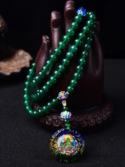 Handmade natural green agate bracelet with thangka pendant and multi-circle bead design