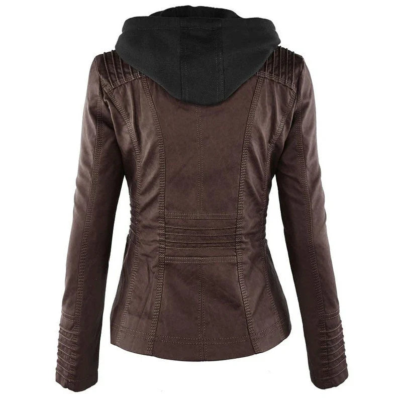 A fashionable hooded leather jacket with pockets, available in various colors and sizes for women's casual outerwear.