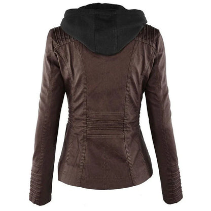 A fashionable hooded leather jacket with pockets, available in various colors and sizes for women's casual outerwear.
