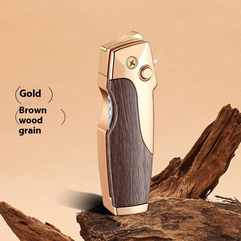 Metal folding lighter with integrated knife showing zinc alloy construction and safety lock mechanism