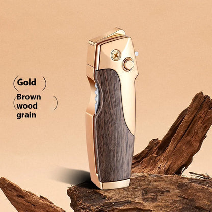 Metal folding lighter with integrated knife showing zinc alloy construction and safety lock mechanism