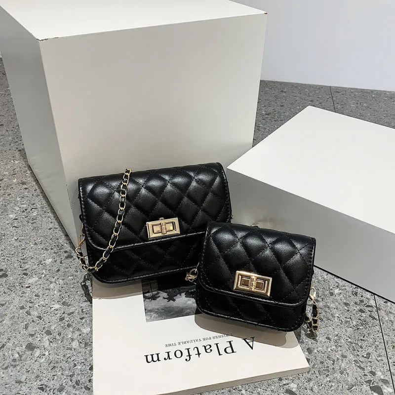 Women's PU shoulder messenger bag with diamond chain and sewing thread trim, black or beige, large 18cm or small 12cm