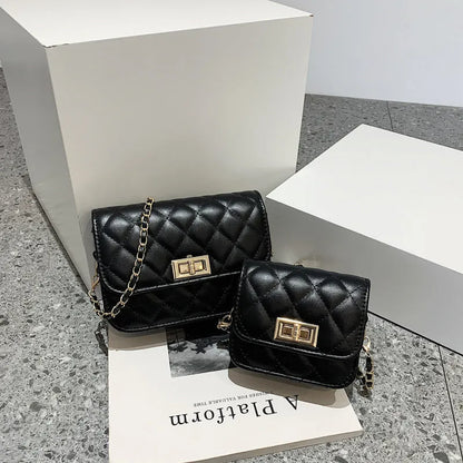 Women's PU shoulder messenger bag with diamond chain and sewing thread trim, black or beige, large 18cm or small 12cm