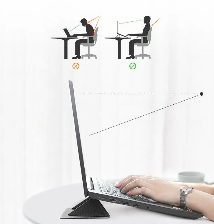 Blue or grey foldable laptop cooling stand with anti-slip surface on a desk.