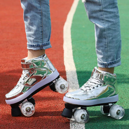 Double roller skates with flashing wheels in pink, golden, and silver options