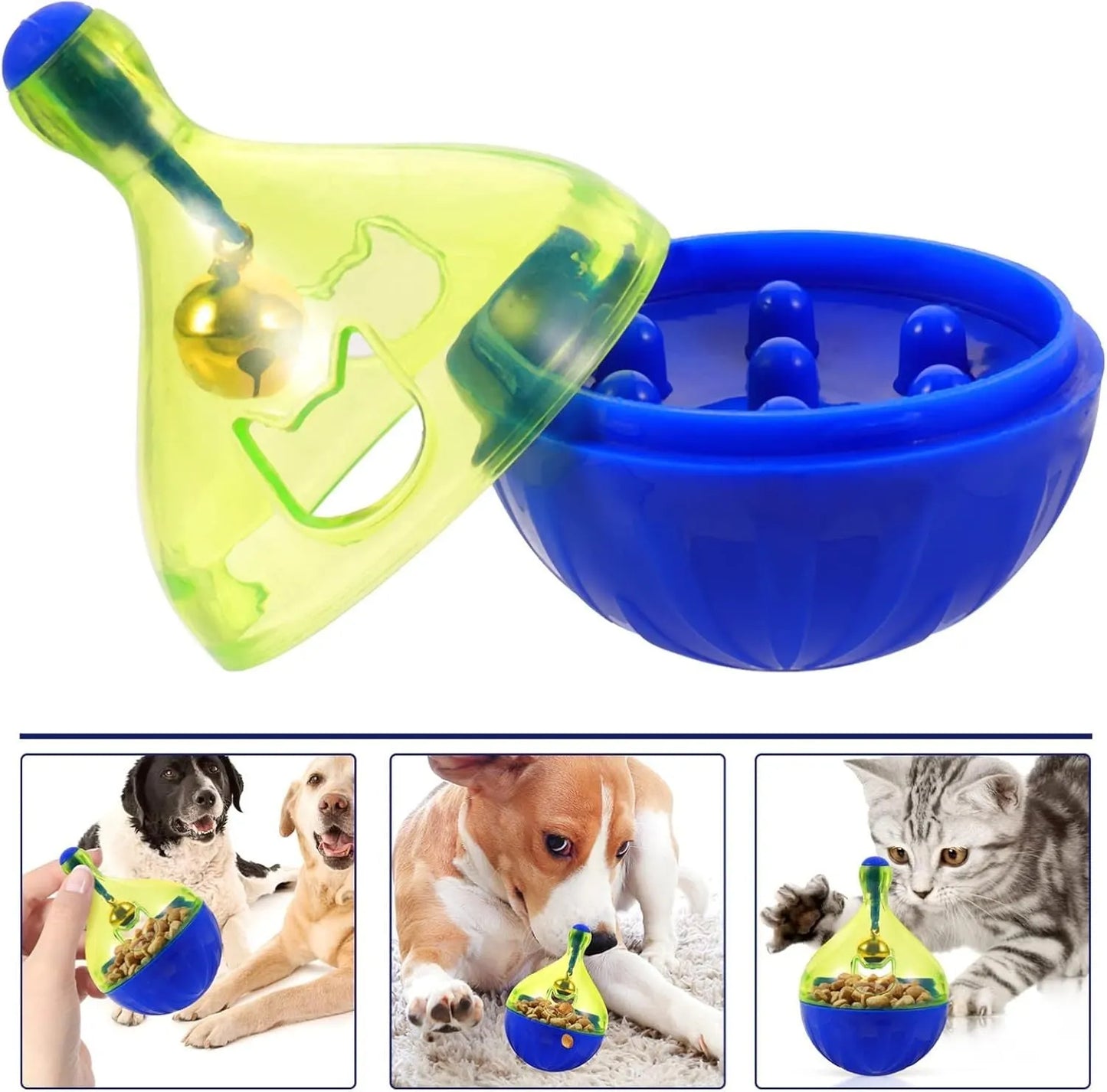 Tumbler-shaped pet treat dispenser measuring 14cm with food-leaking openings for slow feeding