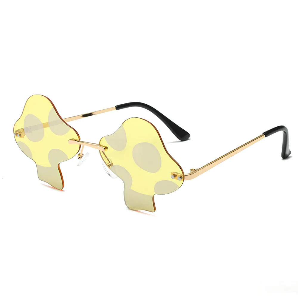 Rimless sunglasses with blue lenses and gold metal frames showing Class 3 protection and adjustable ports