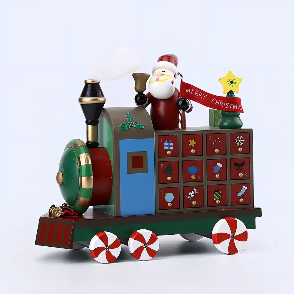 Handcrafted wooden Christmas window decorations showing nine designs including bears, houses, trees and vehicles