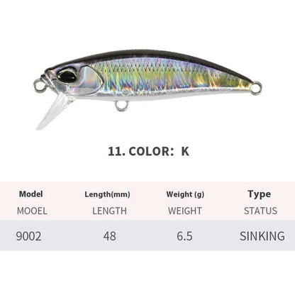 Japanese fishing lure with submerged mino design, 48mm length, 6.5g weight, shown in multiple colour variations