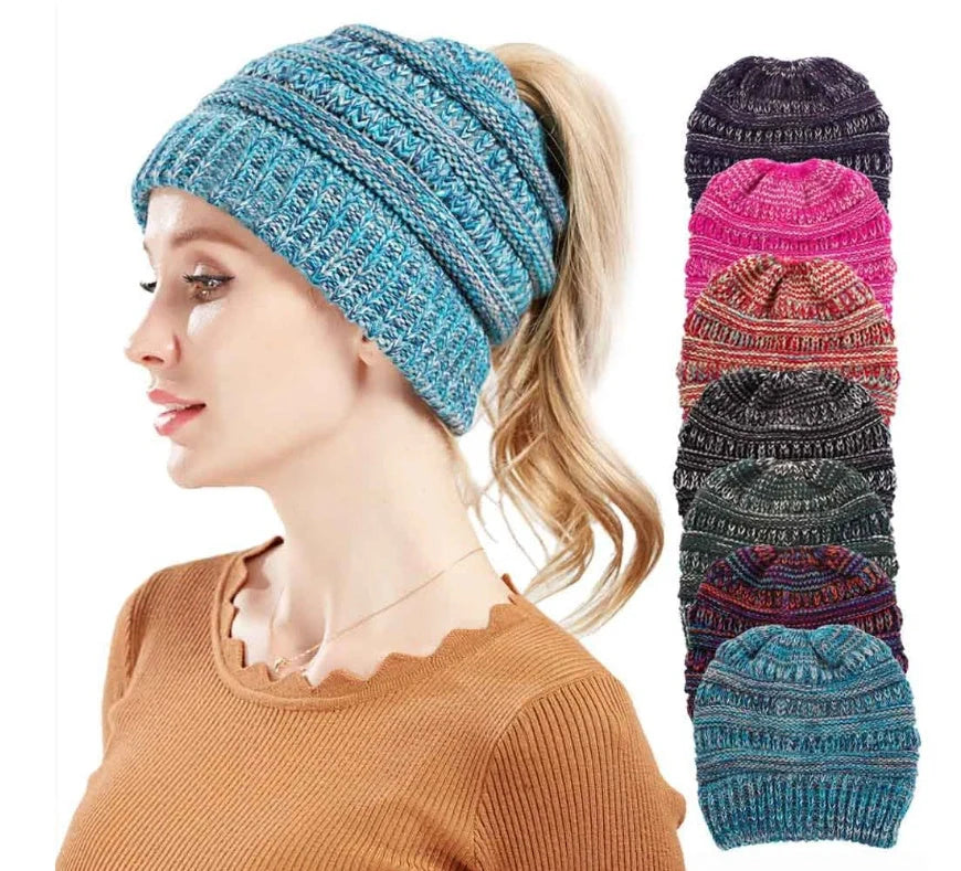 Mixed color knitted wool hat for ladies with ponytail opening in various colors