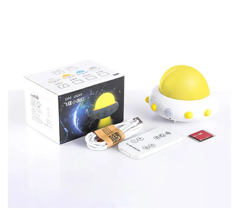 Remote control UFO bedside night light in blue, pink, or white colours with compact 105mm x 76mm dimensions
