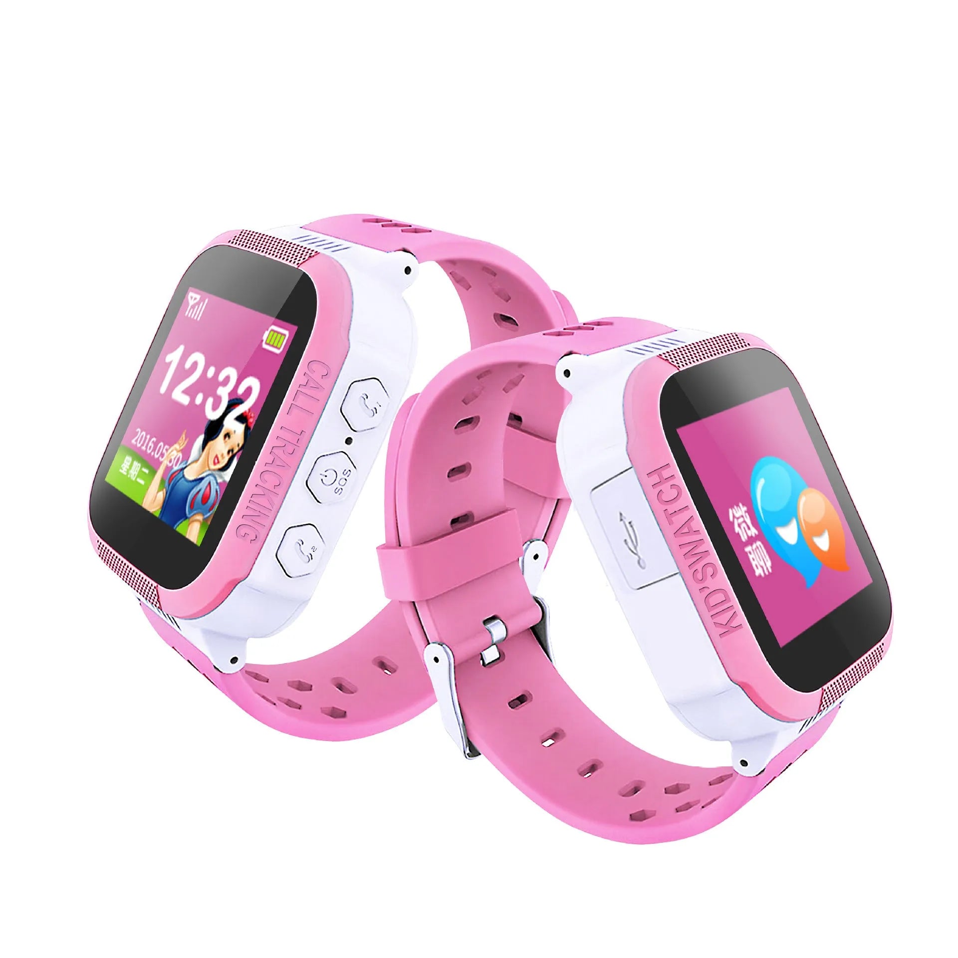 Blue and pink children's smartwatch with a 1.44-inch colour screen on a wrist.