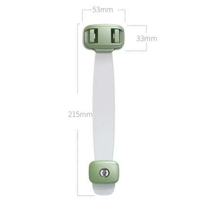 Grey adjustable child safety lock strap with 3M adhesive, shown securing a cabinet door.