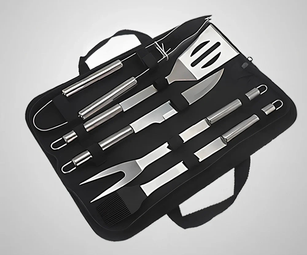 10-piece stainless steel BBQ tool set with shovel, knife, clip, strings, fork, brush in storage bag