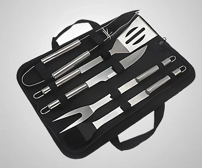 10-piece stainless steel BBQ tool set with shovel, knife, clip, strings, fork, brush in storage bag