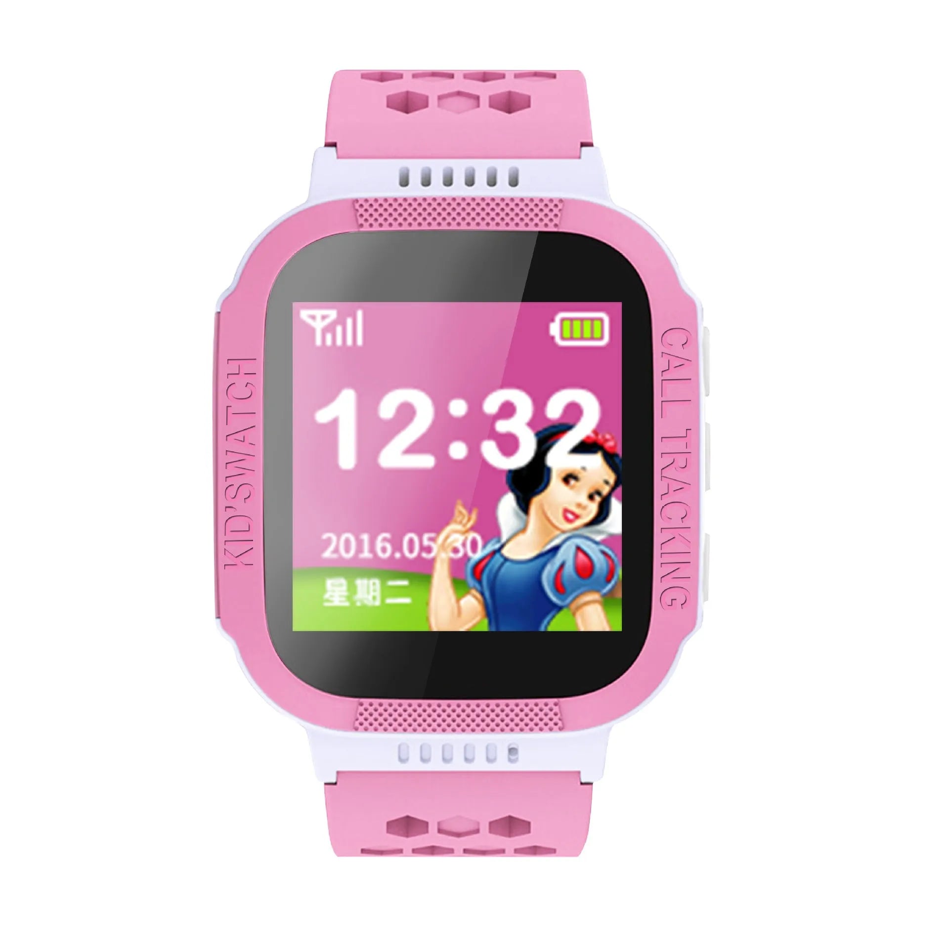 Blue and pink children's smartwatch with a 1.44-inch colour screen on a wrist.