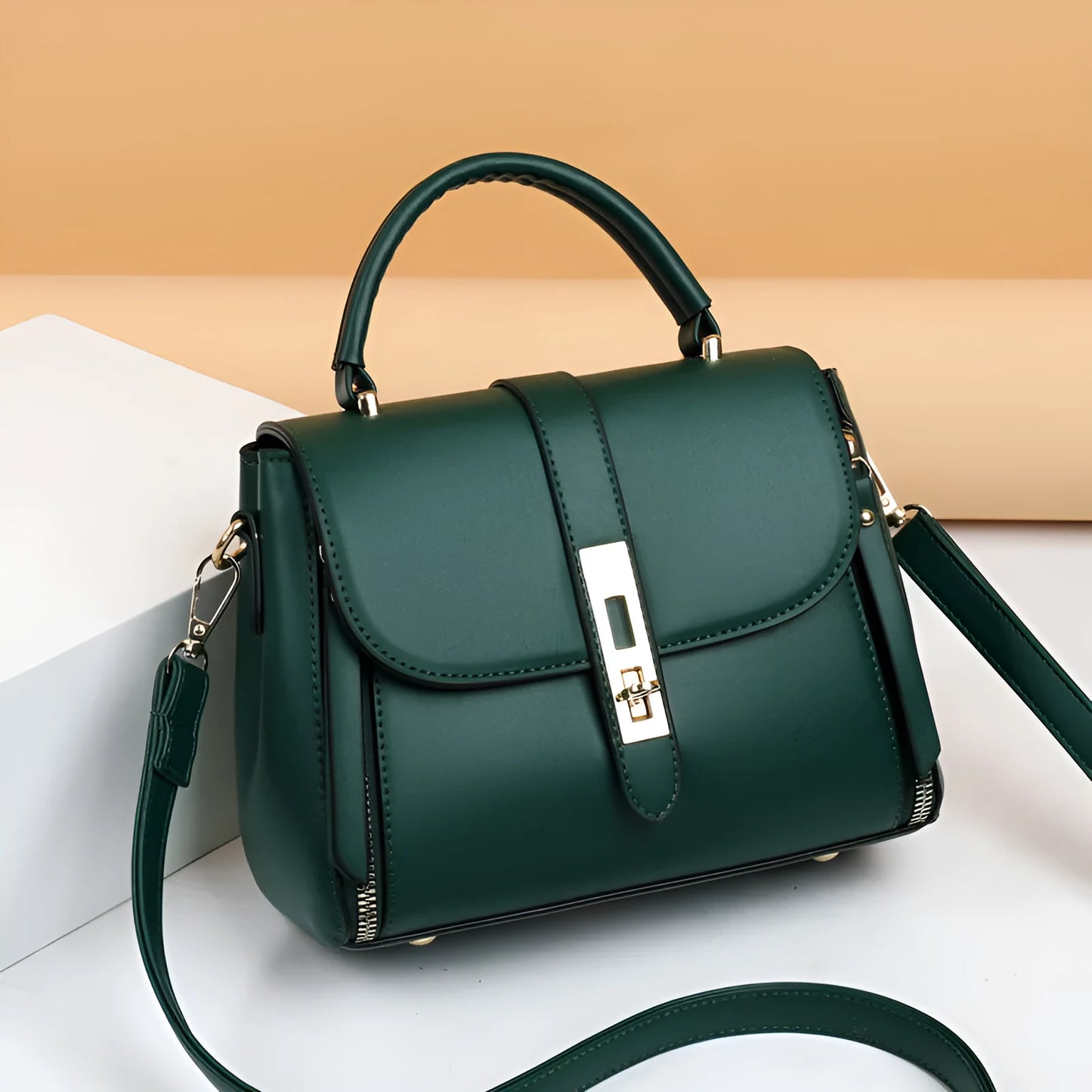 Women's soft black PU leather vertical messenger bag with adjustable strap, showing interior polyester lining.