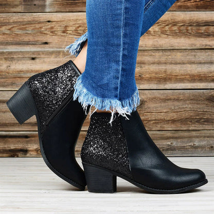 Women's thick heel sequin booties with side zip and square toe in black, khaki, and green