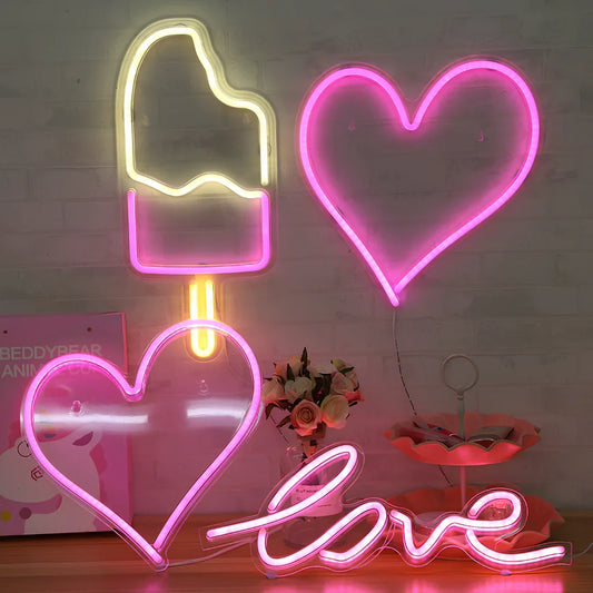 USB-powered LED neon wall lamp in flexible PVC with multiple colour options and design shapes
