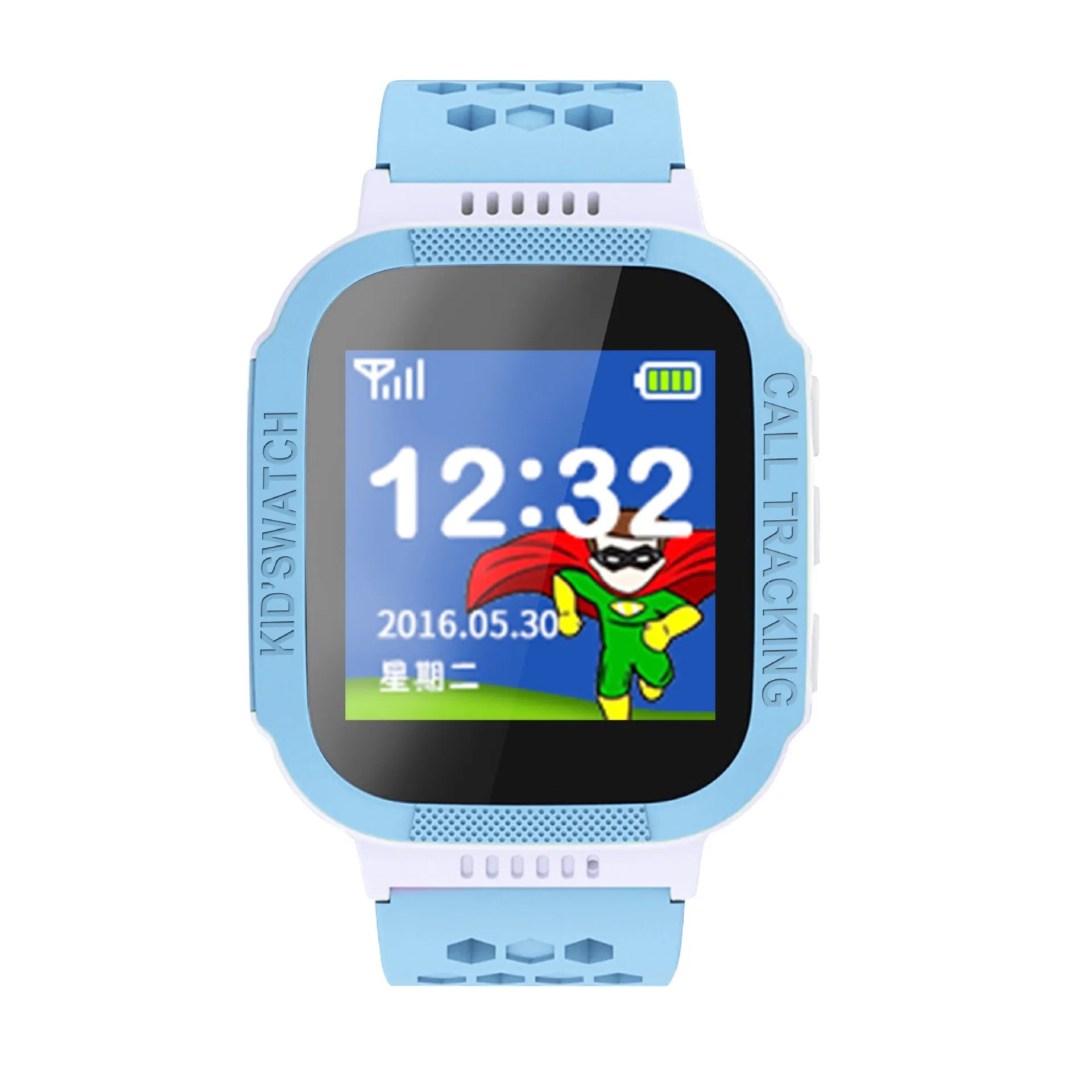 Blue and pink children's smartwatch with a 1.44-inch colour screen on a wrist.