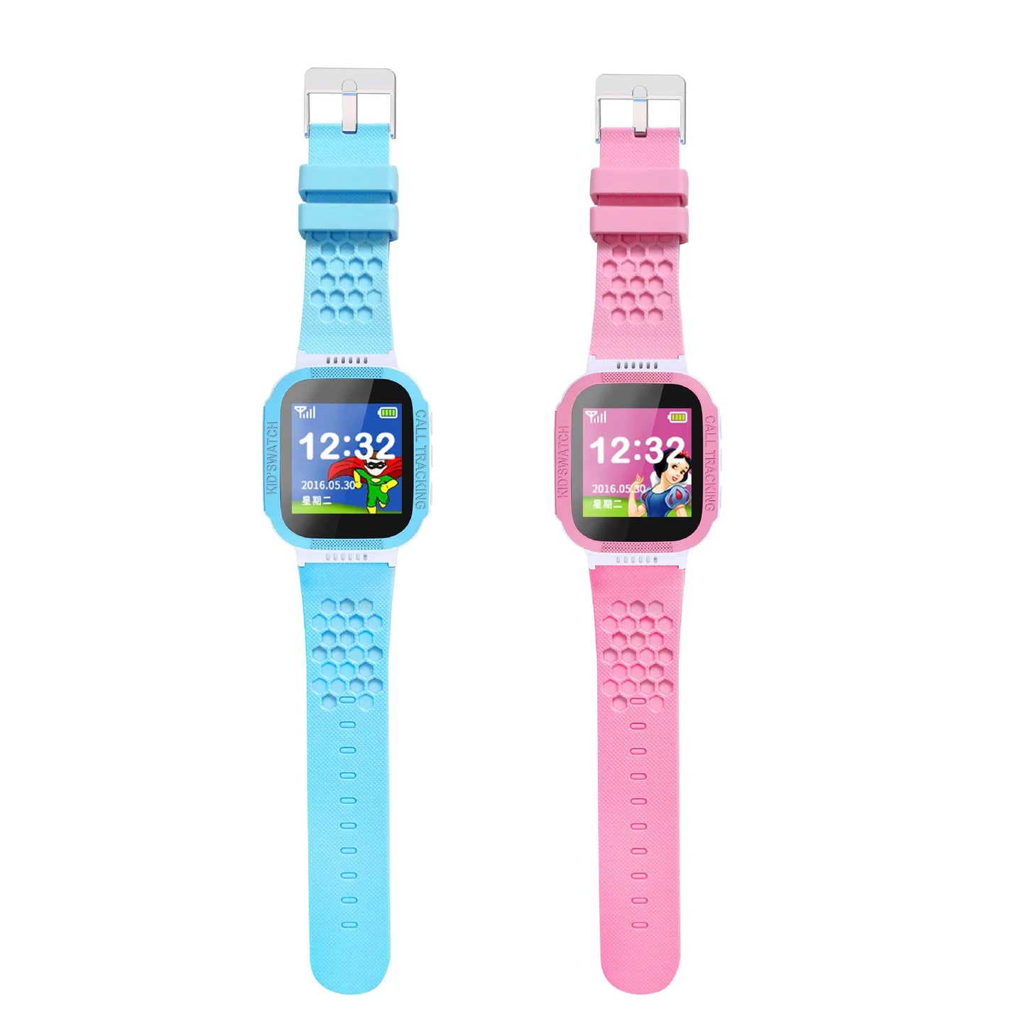 Blue and pink children's smartwatch with a 1.44-inch colour screen on a wrist.