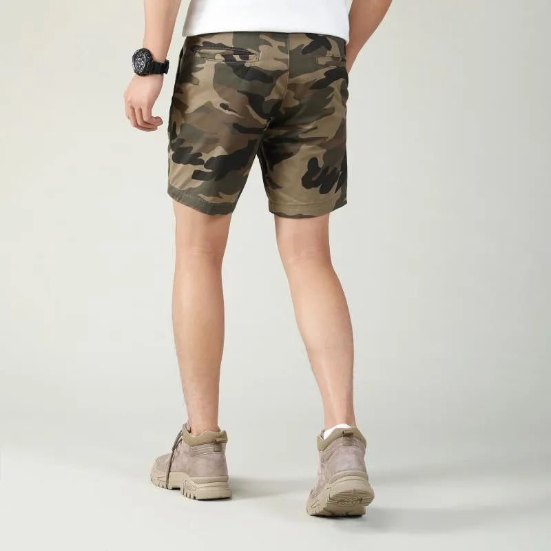Cotton camouflage summer shorts with zip placket in multiple colour patterns including army green and sand camouflage