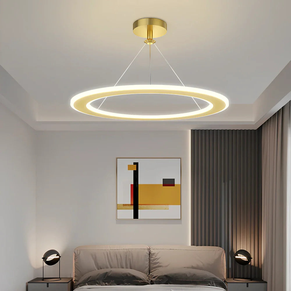Circular LED bedroom chandelier with iron body and PMMA shade in black, gold or white