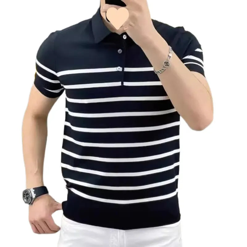 Black and white striped knitted t-shirt with lapel collar detail showing non-iron chemical fibre fabric