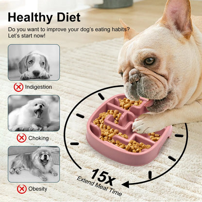 Macaron-coloured slow feed pet bowl with maze pattern and non-slip base for dogs and cats.