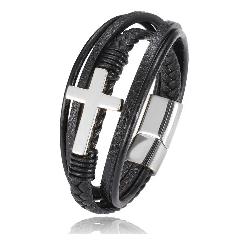 Men's braided stainless steel cross bracelet with elegant design, perfect for any occasion.