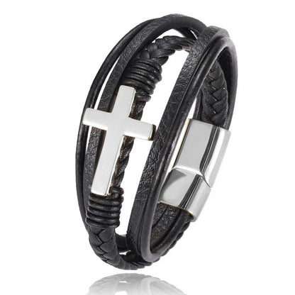 Men's braided stainless steel cross bracelet with elegant design, perfect for any occasion.