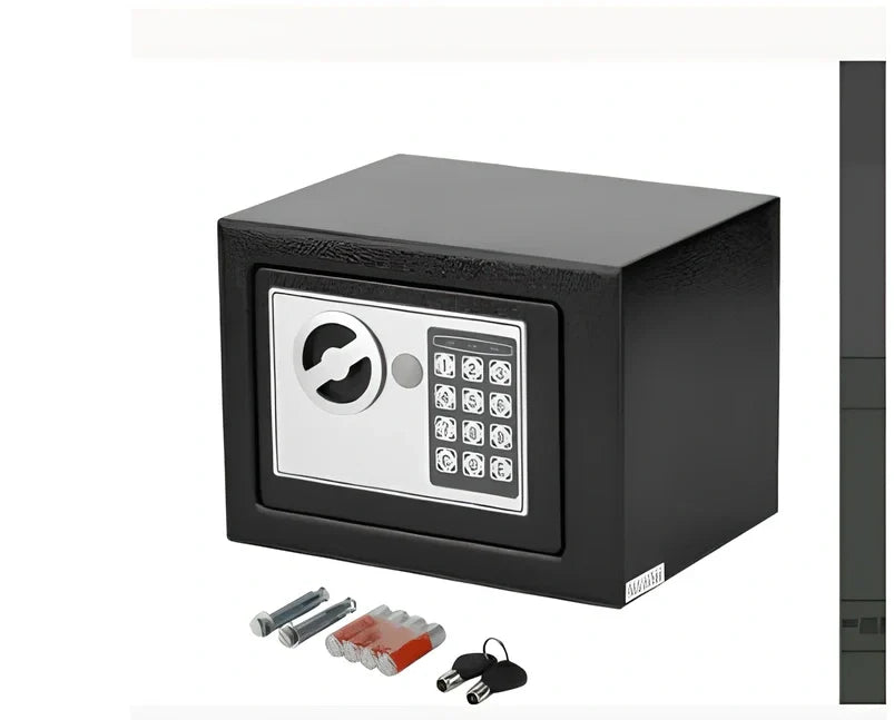 Mini office safe with digital password panel in black, white, blue, gold, pink, or red colour options