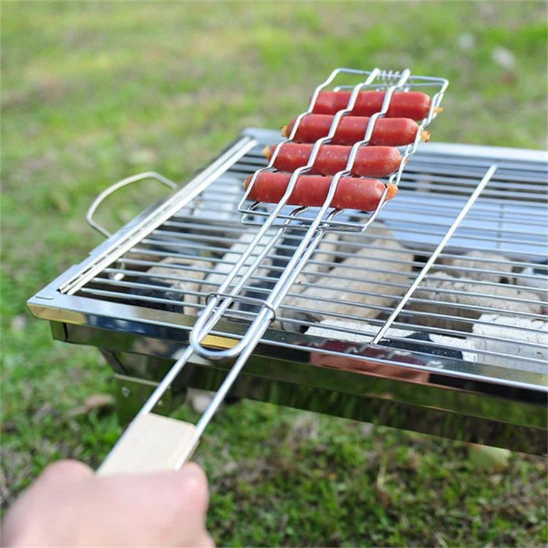 Outdoor grill accessories including sausage, vegetable, and meat clips with wooden handles for safe and convenient backyard barbecuing