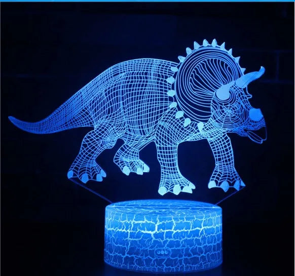 Dinosaur series colourful 3D night light with acrylic panel on ABS base, showing remote control.