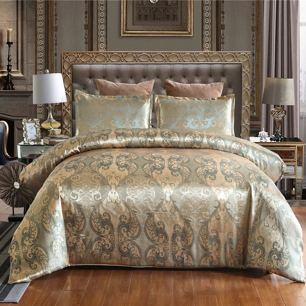 Polyester bedding set with Jacquard weave pattern in multiple colour options showing quilt cover and pillowcases